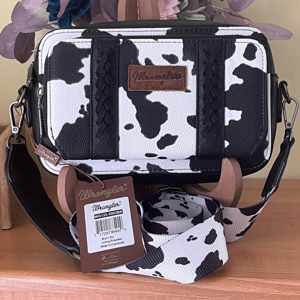 Wrangler Black and White Cow Print Crossbody Bag